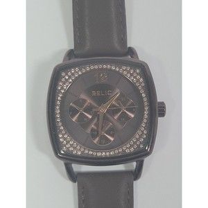 Relic Watch Women Metallic Brown Pave Dial Day Date Leather Band New Battery
